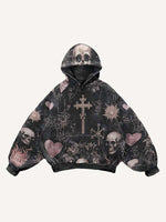 Skull&Fire&Heart&Floral Faux Decal Print Slant Pockets Hoodie