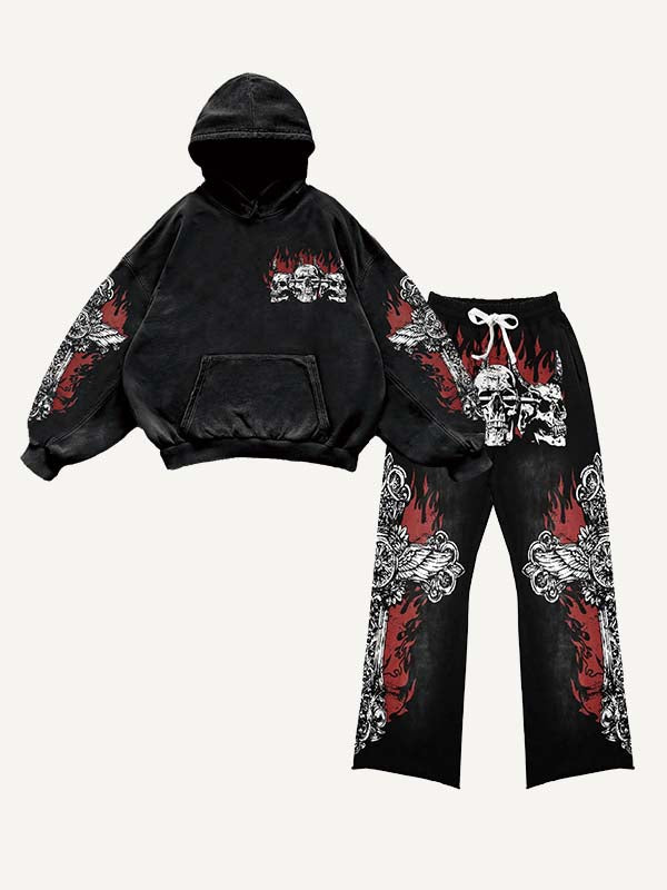 Demon Skull&Cross&Fire Print Elastic Waist Two-Piece Set