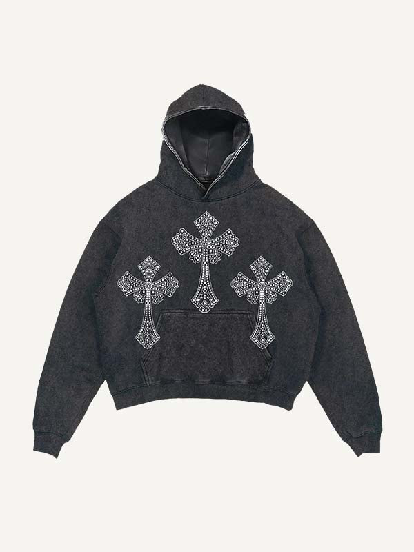 Distressed Washed Wing&Cross Faux Rhinestones Print Slant Pockets Hoodie