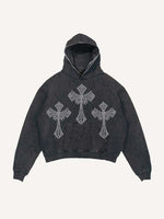 Distressed Washed Wing&Cross Faux Rhinestones Print Slant Pockets Hoodie