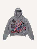 Distressed Washed Mary&Eye&Bomb&Cross&Graphic&Letter Print Slant Pockets Hoodie