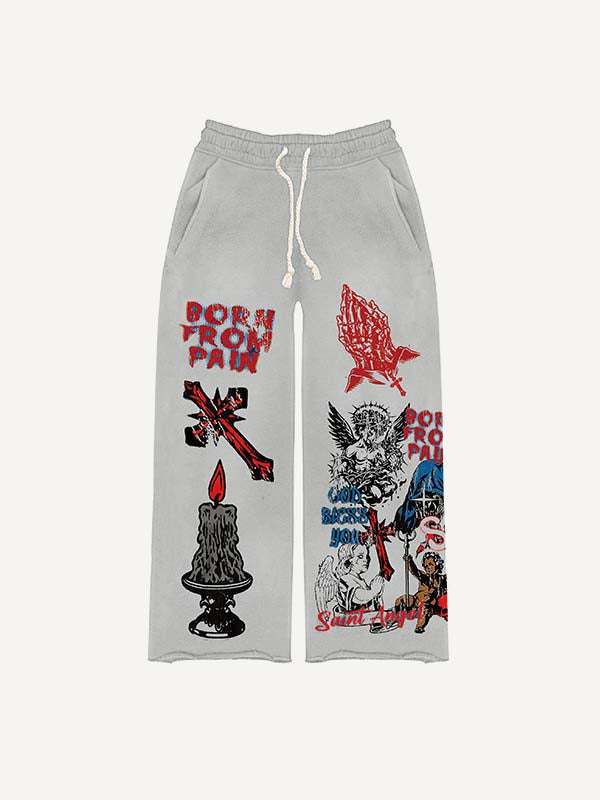 Angel&Pray&Cross&Wing&Letter&Graphic Print Elastic Waist Pants