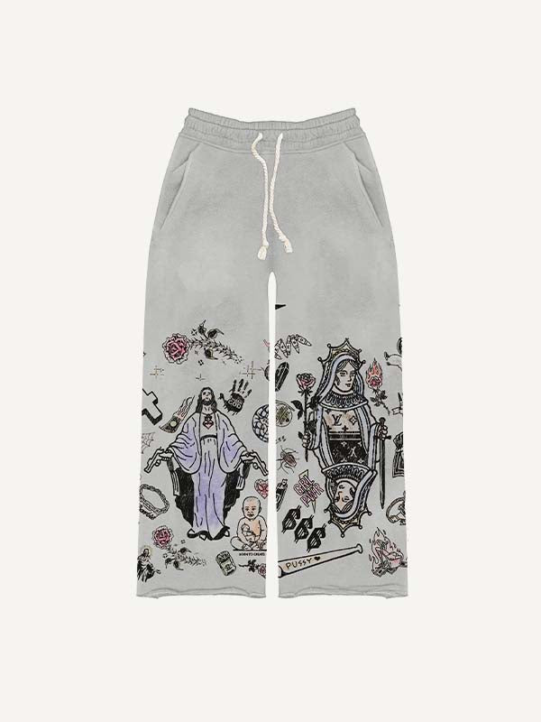 Figure&Graphic Print Elastic Waist Pants