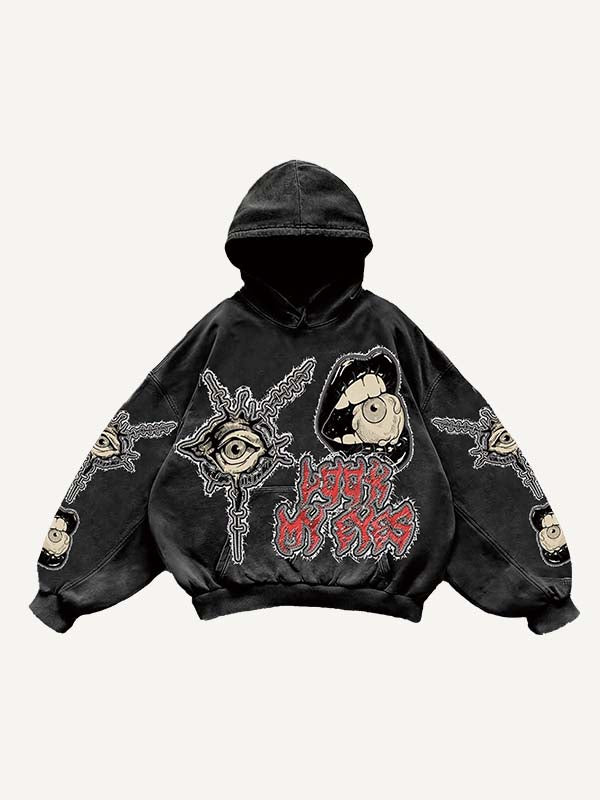 Mouth&Eye&Letter Faux Decal Print Slant Pockets Hoodie