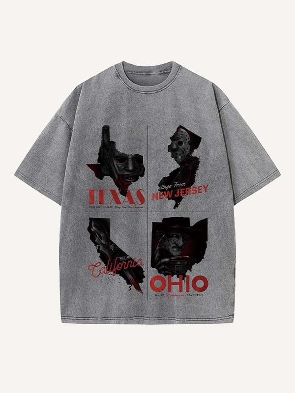 Distressed Washed Halloween Horror Print Round Neck T-shirt