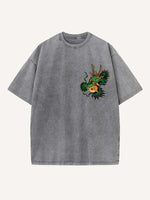 Distressed Washed Dragon&House&Graphic Print Round Neck T-shirt