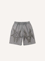 Distressed Washed Wing&Eye&Graphic Print Drawstring Waist Shorts