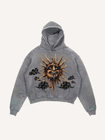 Distressed Washed Evil Moon&Sun&Cloud&Star Print Slant Pockets Hoodie