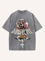 Distressed Washed Figure&Cross Print Round Neck T-shirt