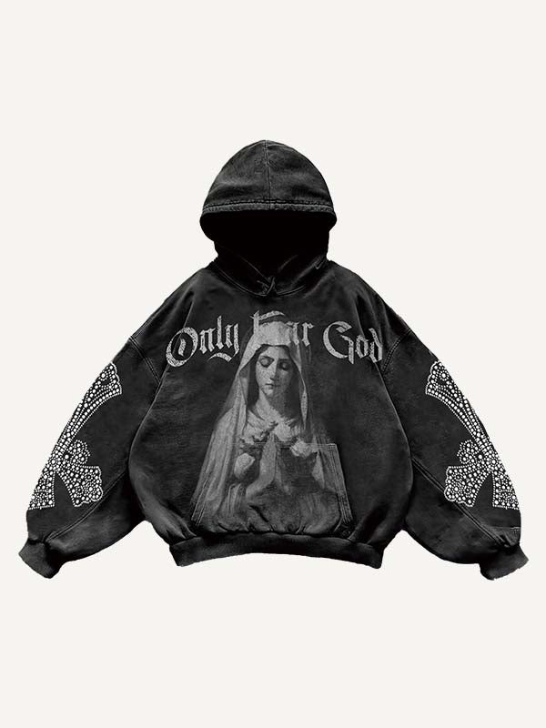 Mary&Pray&Cross&Letter Faux Rhinestones Print Slant Pockets Hoodie