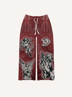 Angel&Pray&Letter Faux Decal Print Elastic Waist Pants