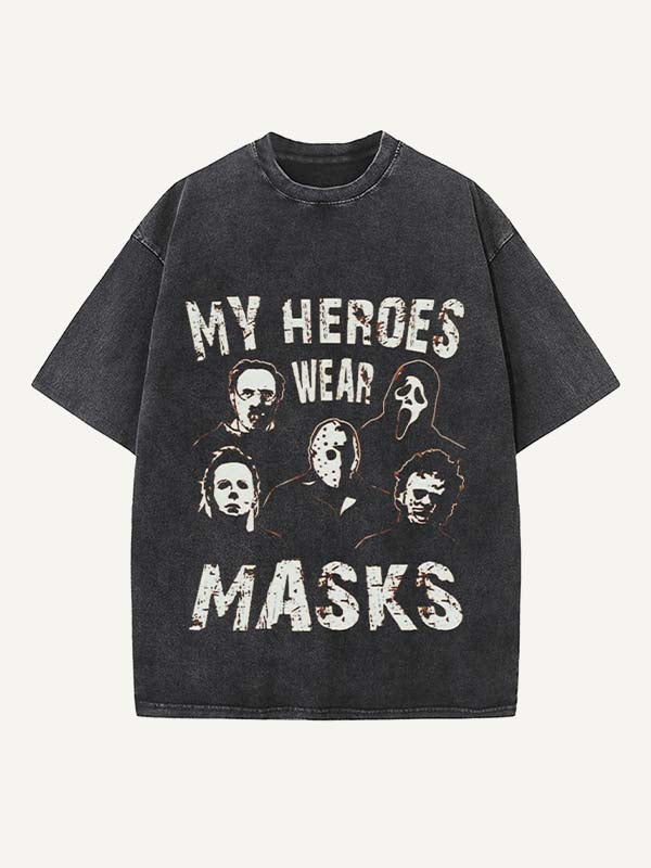 Distressed Washed Halloween Horror Print Round Neck T-shirt