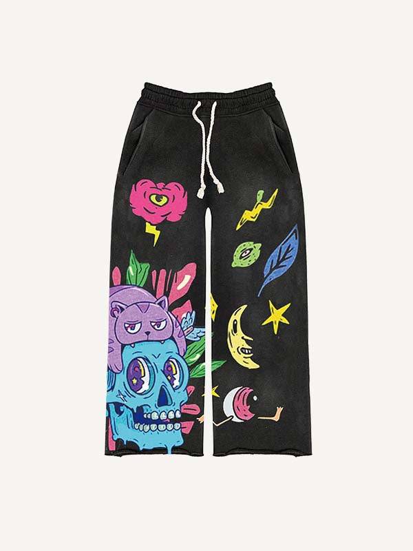 Skull&Cat&Eyeball&Graphic Print Elastic Waist Pants