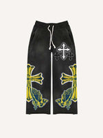 Figure&Pray&Cross Faux Decal Print Elastic Waist Pants