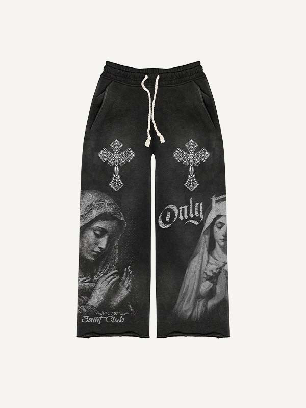 Mary&Pray&Cross&Letter Faux Rhinestones Print Elastic Waist Pants