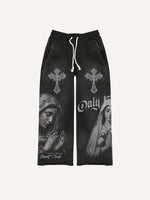 Mary&Pray&Cross&Letter Faux Rhinestones Print Elastic Waist Pants