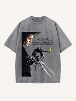 Distressed Washed Figure&Letter Print Round Neck T-shirt