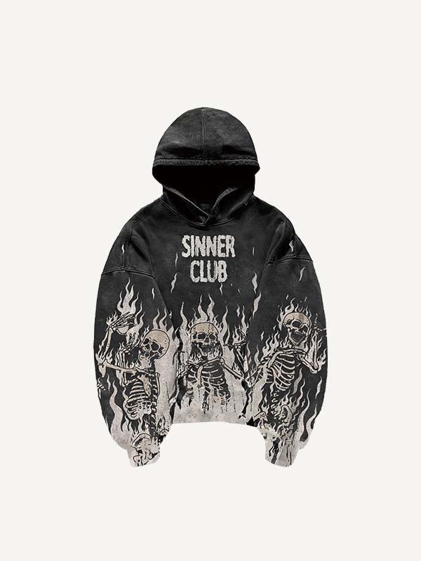 Skeleton&Letter&Fire Print Slant Pockets Hoodie