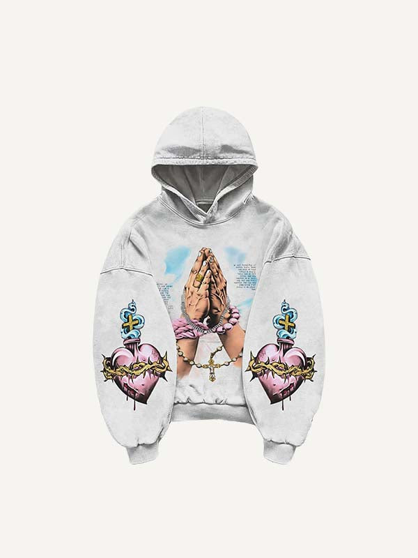 Pray Letter&Heart&Palm Print Slant Pockets Hoodie