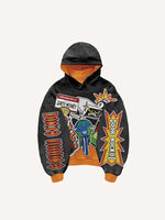 Colorblock Fire&Money&Graphic&Letter Faux Decal Print Slant Pockets Hoodie