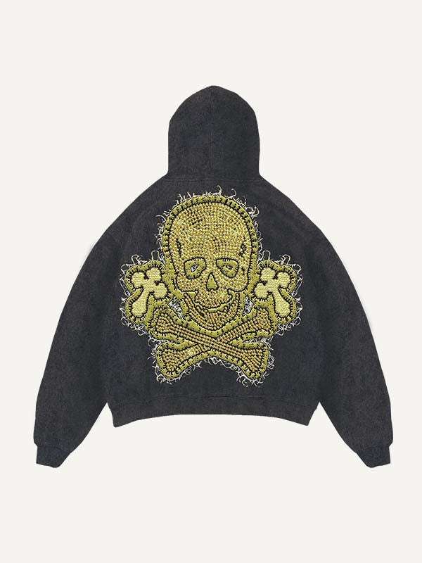 Distressed Washed Cross&Skull Faux Decal Print Slant Pockets Hoodie