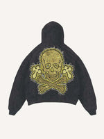 Distressed Washed Cross&Skull Faux Decal Print Slant Pockets Hoodie