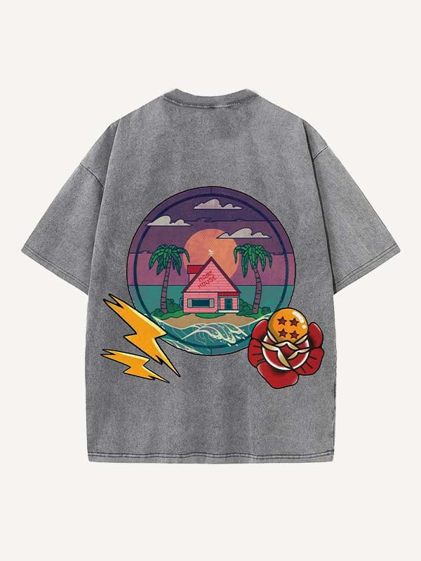 Distressed Washed Dragon&House&Graphic Print Round Neck T-shirt