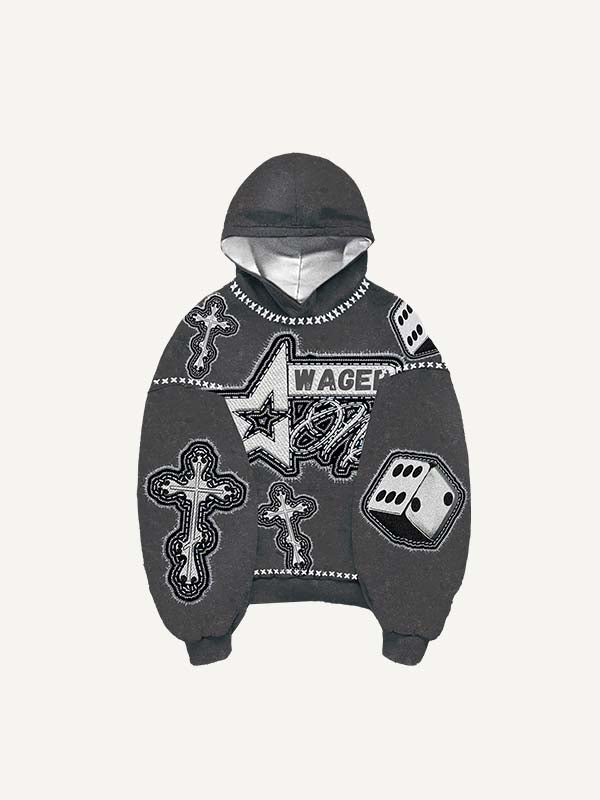 Eye&Cross&Dice&Star Faux Decal Print Slant Pockets Hoodie
