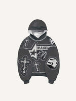 Eye&Cross&Dice&Star Faux Decal Print Slant Pockets Hoodie