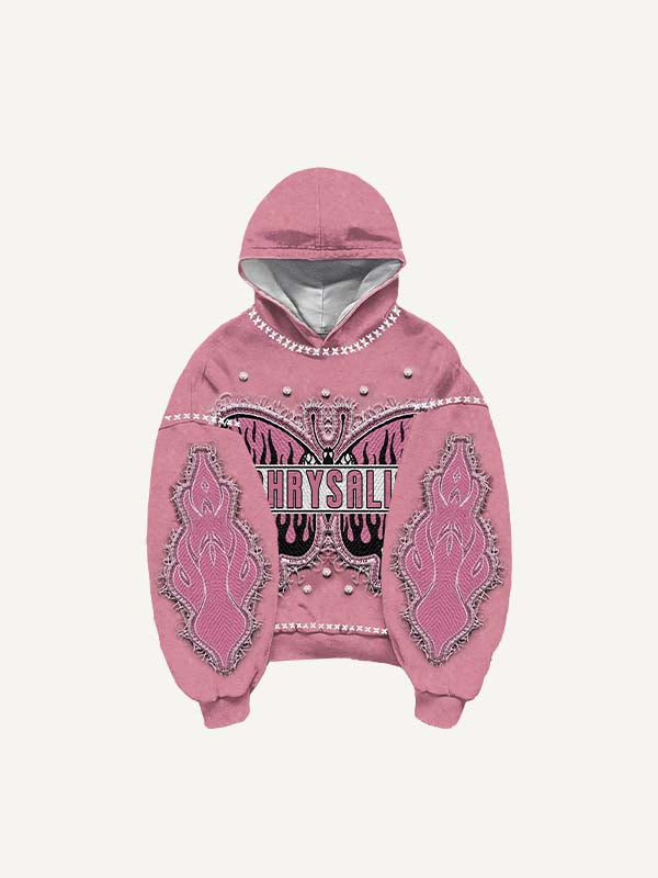 Fire Butterfly Faux Rhinestones Print Faux Decal Print Slant Pockets Hoodie