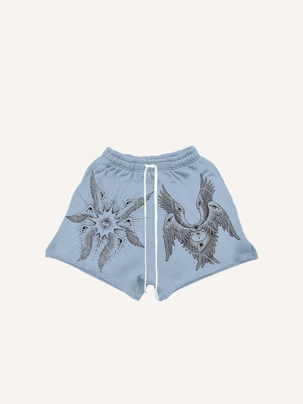 Wing&Eye&Graphic Print Drawstring Waist Shorts