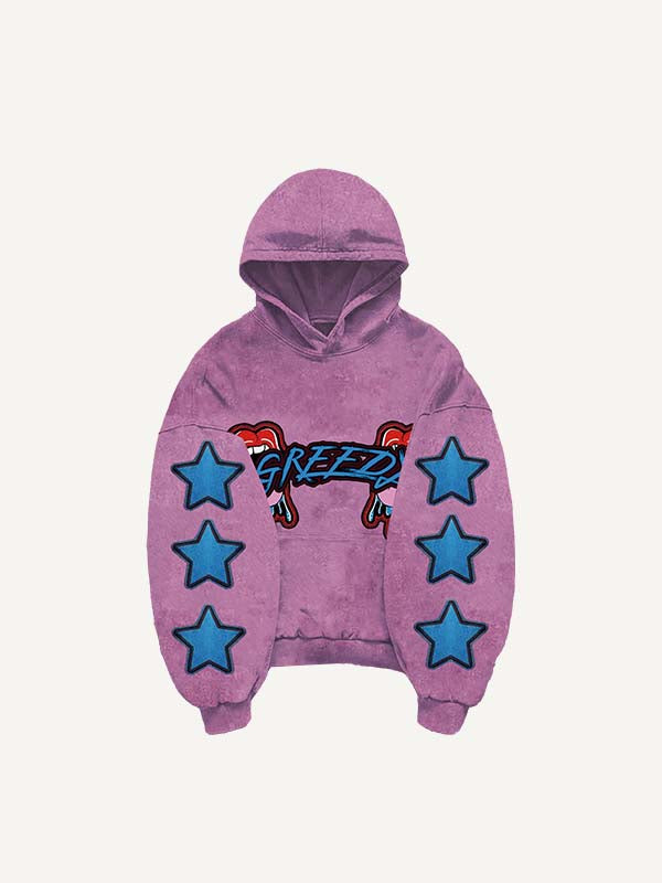 Tongue&Star&Letter Faux Decal Print Slant Pockets Hoodie