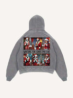 Distressed Washed Christmas Horror Print Slant Pockets Hoodie