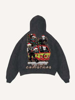Distressed Washed Christmas Horror Print Slant Pockets Hoodie