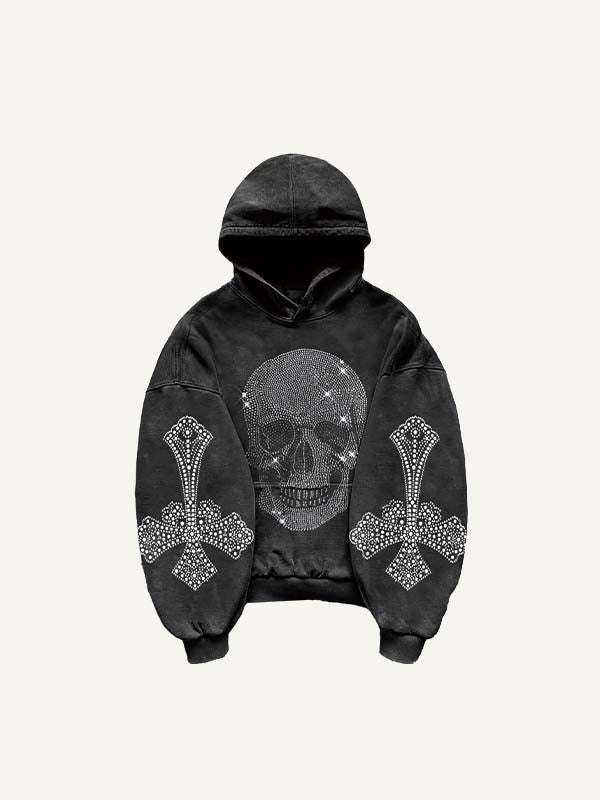 Skull&Wing&Cross Faux Rhinestones Print Slant Pockets Hoodie