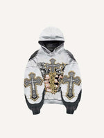 Colorblock Palm&Cross&Letter&Angel&Money Faux Decal Print Slant Pockets Hoodie