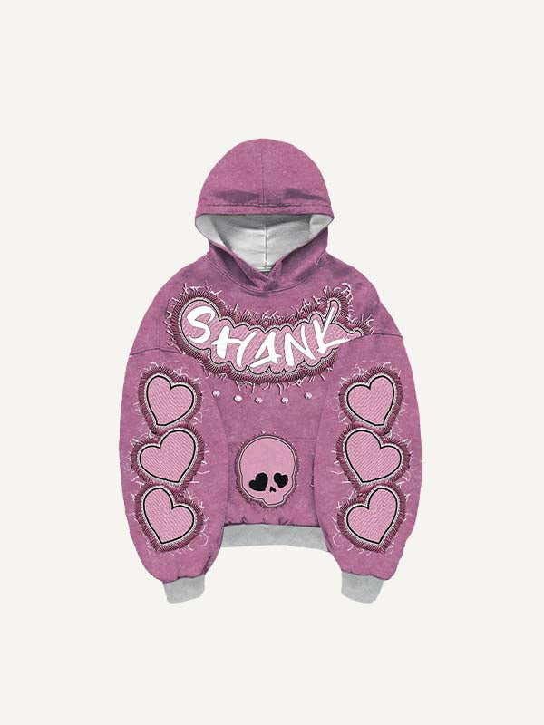 Skull&Heart&Letter Faux Rhinestones Print Faux Decal Print Slant Pockets Hoodie