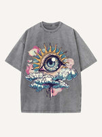 Distressed Washed Eye&Cloud Print Round Neck T-shirt