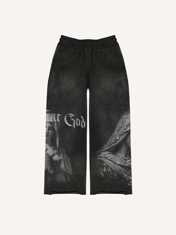 Mary&Pray&Cross&Letter Faux Rhinestones Print Elastic Waist Pants