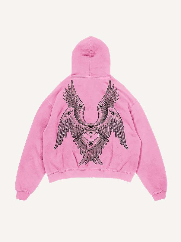 Distressed Washed Wing&Eye&Graphic Print Slant Pockets Hoodie