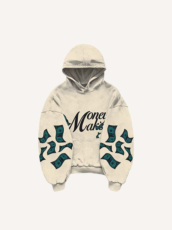 Angel&Letter&Money Print Slant Pockets Hoodie
