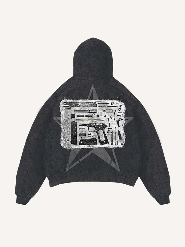 Distressed Washed Pistol&Letter Faux Decal Print Slant Pockets Hoodie