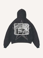 Distressed Washed Pistol&Letter Faux Decal Print Slant Pockets Hoodie