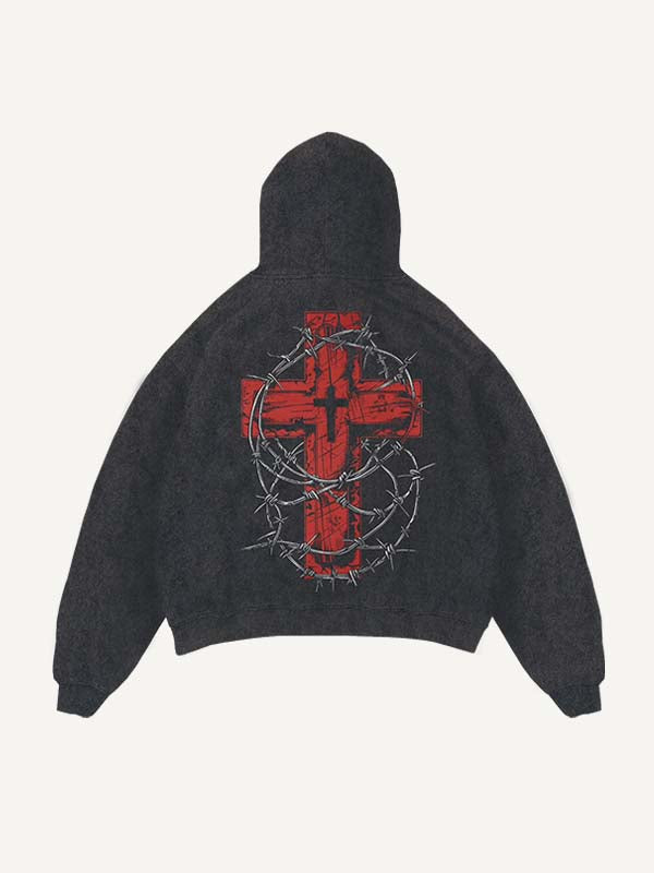 Distressed Washed Cross&Heart Print Slant Pockets Hoodie