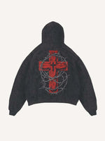 Distressed Washed Cross&Heart Print Slant Pockets Hoodie