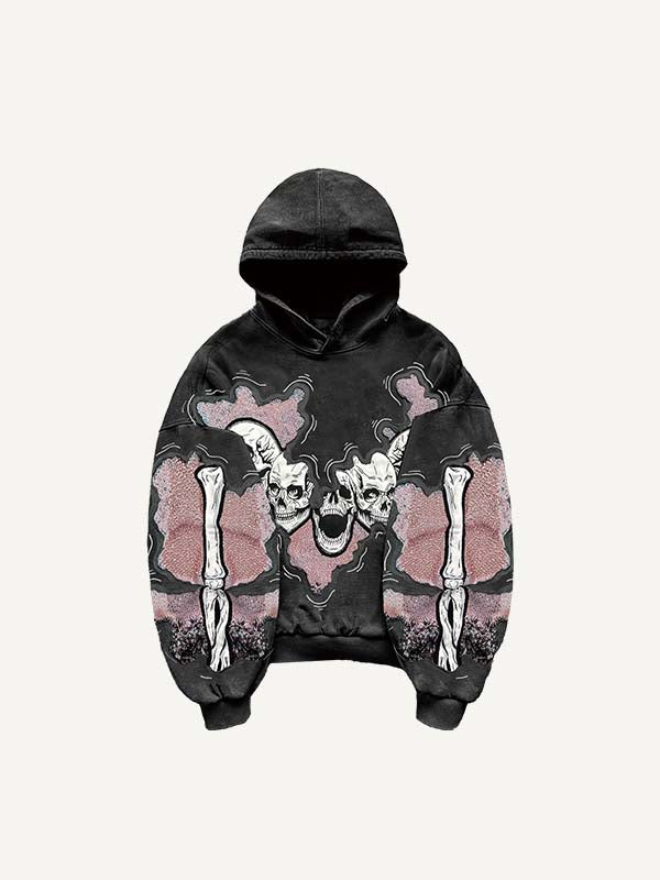 Colorblock Skeleton Faux Decal Print Slant Pockets Hoodie
