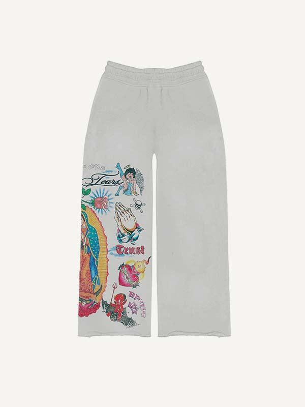 Cross&Figure&Pray&Graphic&Letter Print Elastic Waist Pants