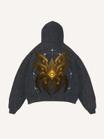 Distressed Washed Wing&Eye Print Slant Pockets Hoodie