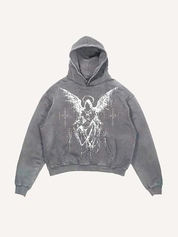 Distressed Washed Figure&Wing Print Slant Pockets Hoodie
