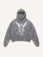 Distressed Washed Figure&Wing Print Slant Pockets Hoodie